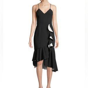 NWT Bardot Kiki Bonded Sheath Dress, Asymmetrical Hem, Cascade Ruffle, Size 10.